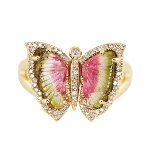 14kt gold and diamond watermelon tourmaline butterfly ring